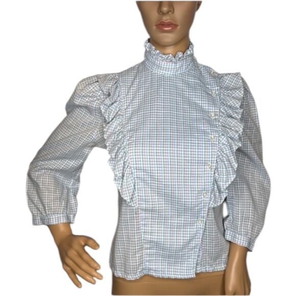 Vintage 1980s Stuart Lang Ruffle blue white Plaid High Neck Prairie Blouse small - Picture 2 of 16